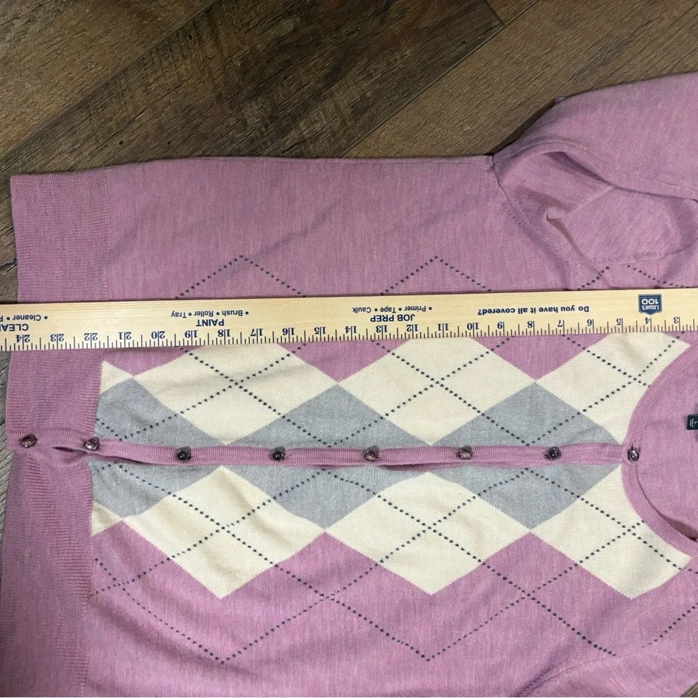 Talbots Argyle Cardigan L 100% Merino Wool Jewel Button Pink Gray Preppy Classic